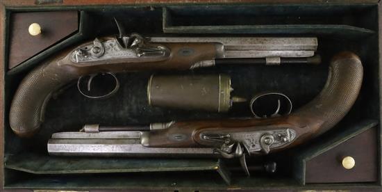 Gardner, Newcastle. A cased pair of early 19th century flintlock holster pistols, by Gardner, Newcastle, pistols 14in. (hammers broken